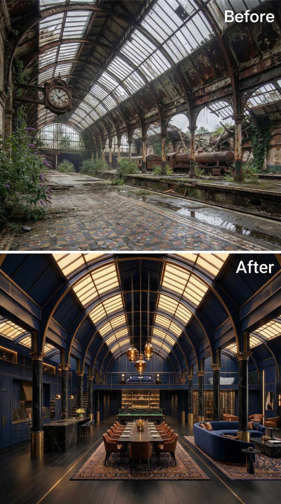 Navy Lacquer, Cognac Leather, and Barrel Vaults Pulled from a Derelict Train Hall
