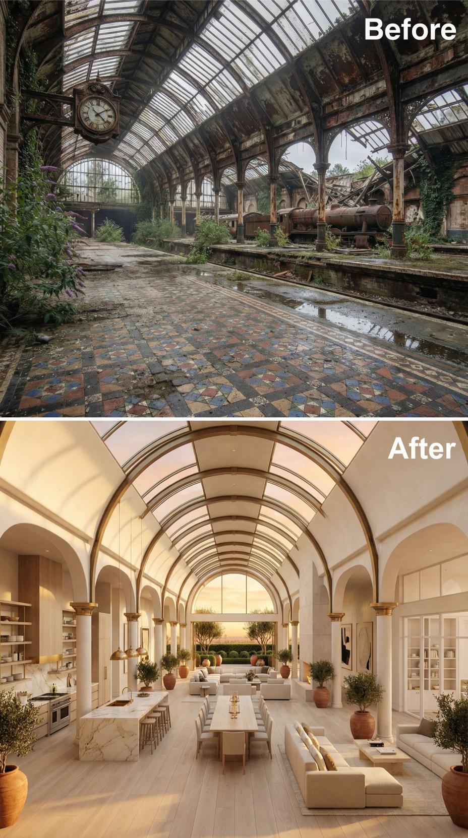Cream Plaster Arches, Marble Dining Table, and Olive Trees Salvaged from Victorian Iron Bones