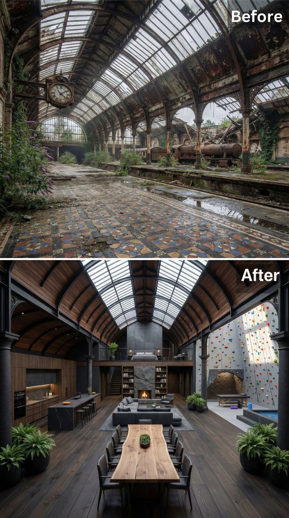 Dark Steel Columns, a Rock Climbing Wall, and Live-Edge Dining Pulled from Victorian Train Bones