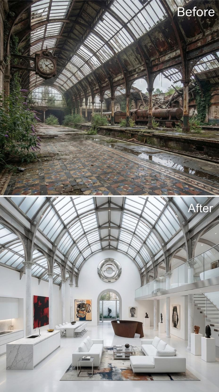Victorian Iron Vaulting Kept Intact Above an All-White Gallery-Style Living Floor