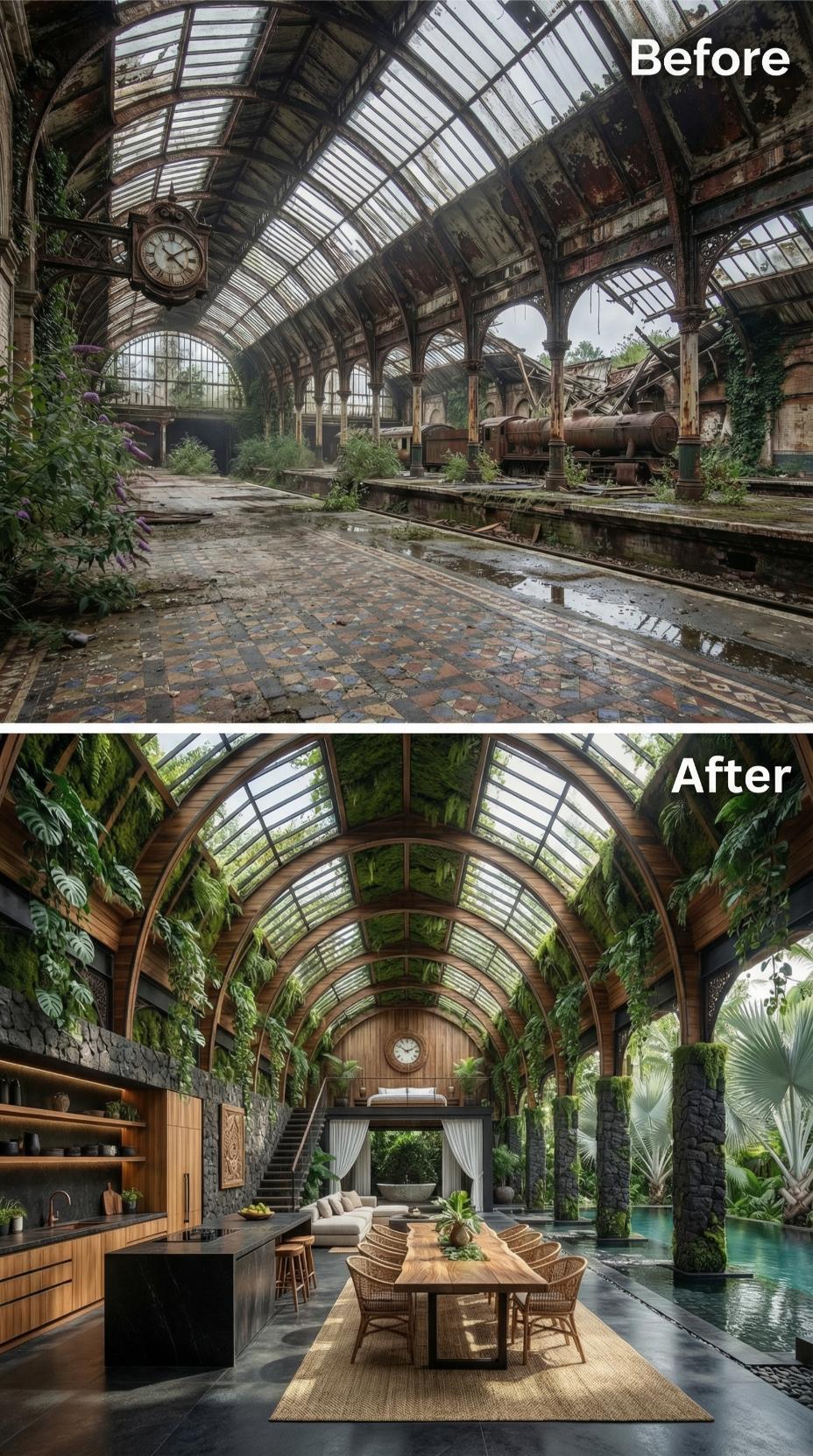 Jungle-Draped Glass Vaulting Over a Teak Dining Hall and Indoor Pool