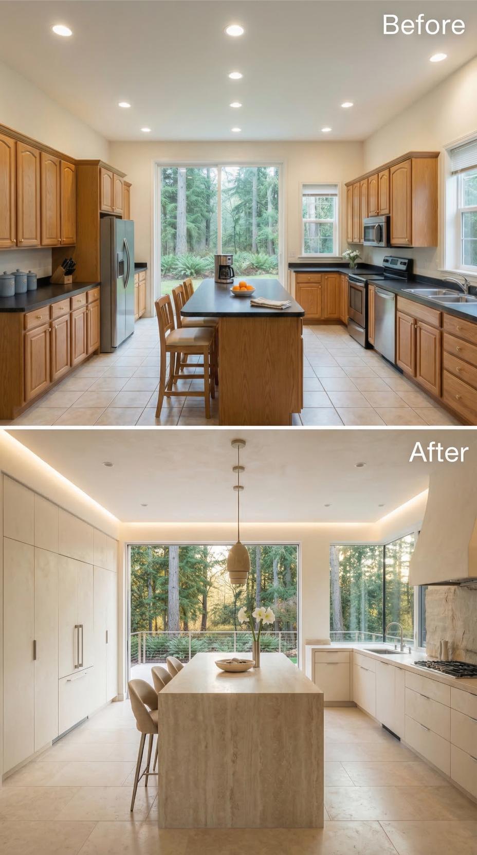 Cove Lighting and Stone Waterfall Island Mark Departure from Raised-Panel Oak