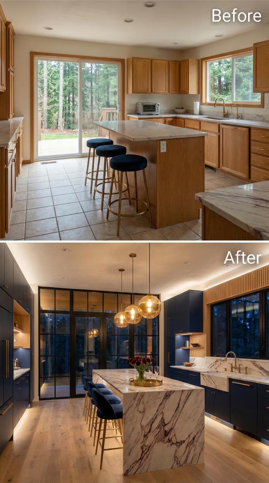Charcoal Flat-Front Cabinets and Marble Waterfall Erase Beige Tile