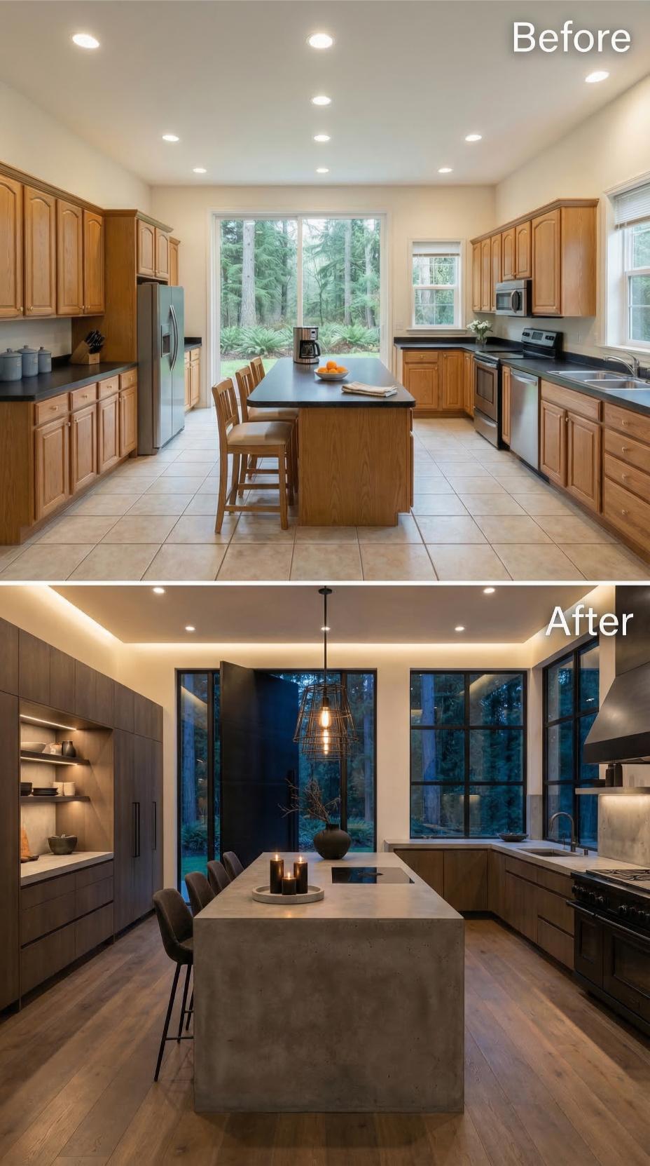 Industrial-Grid Windows and Stone Waterfall Counter End Tiled Oak Era