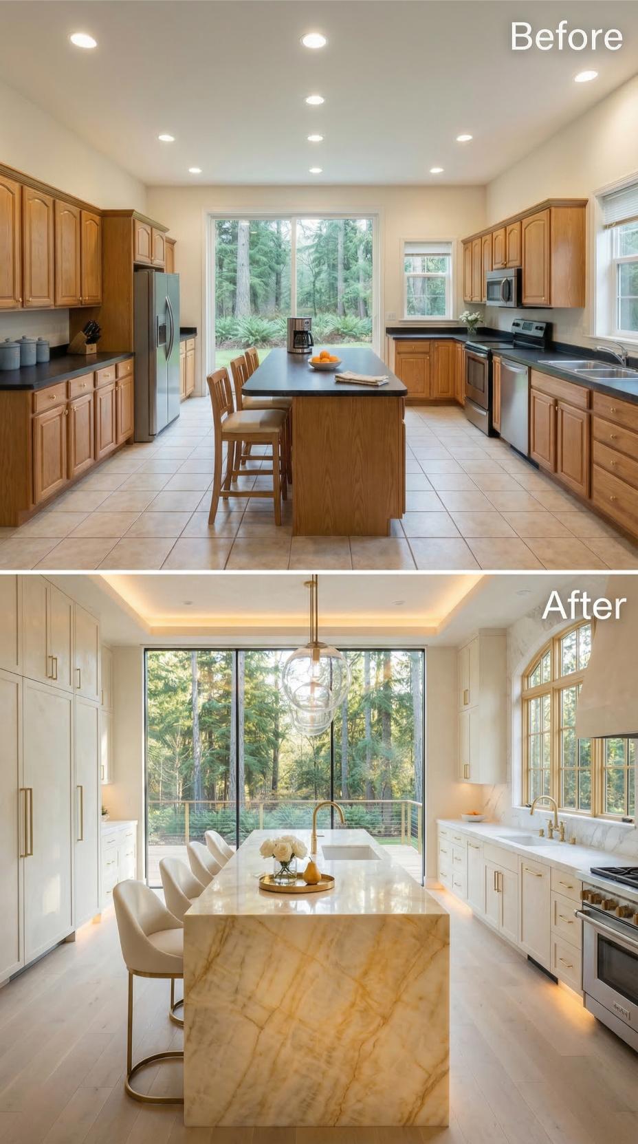 Marble Waterfall Island and Cove-Lit White Cabinets Retire Beige Tile