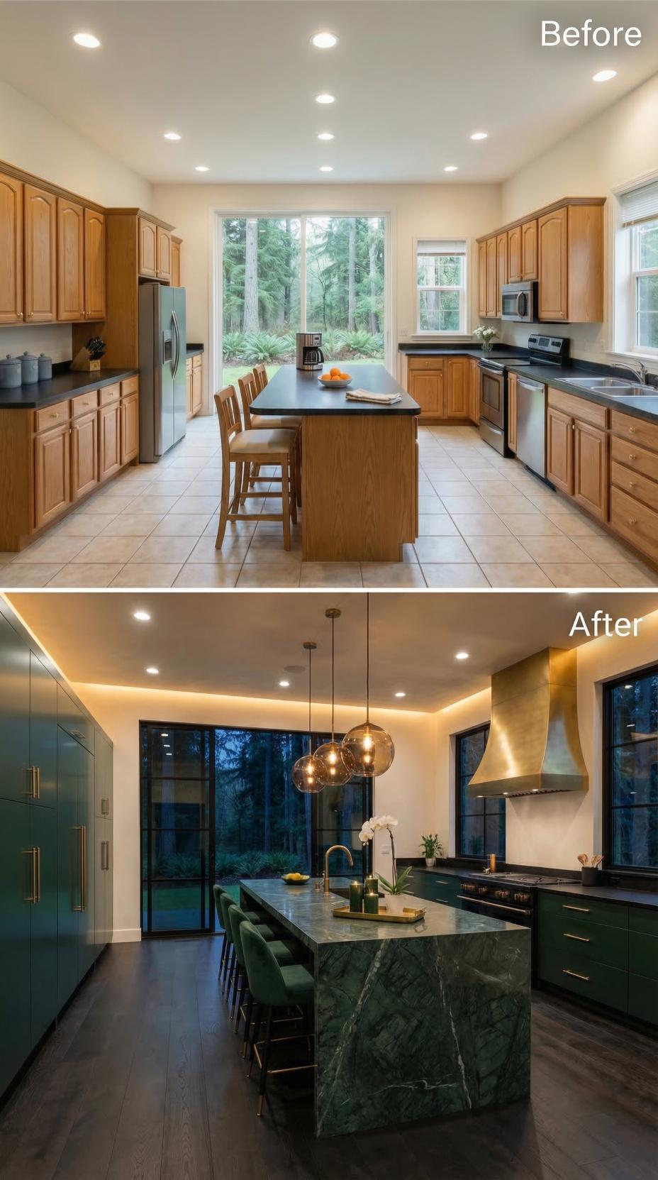 Green Marble Waterfall Island and Smoked Glass Pendants Close the Oak Cabinet Chapter