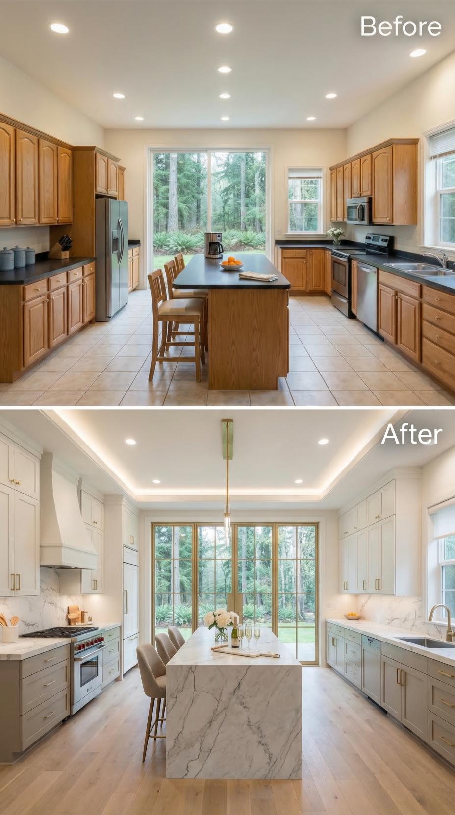 Soft Gray Cabinetry and Brass Pendant Replace Oak Warmth