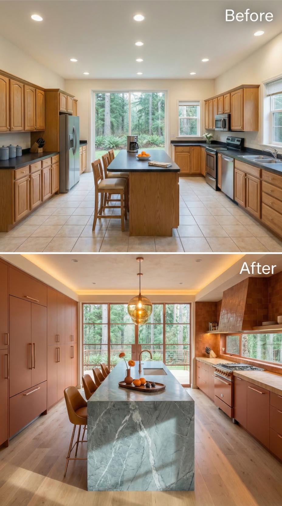 Copper-Toned Slab Cabinets and Veined Stone Island Succeed Beige Tile