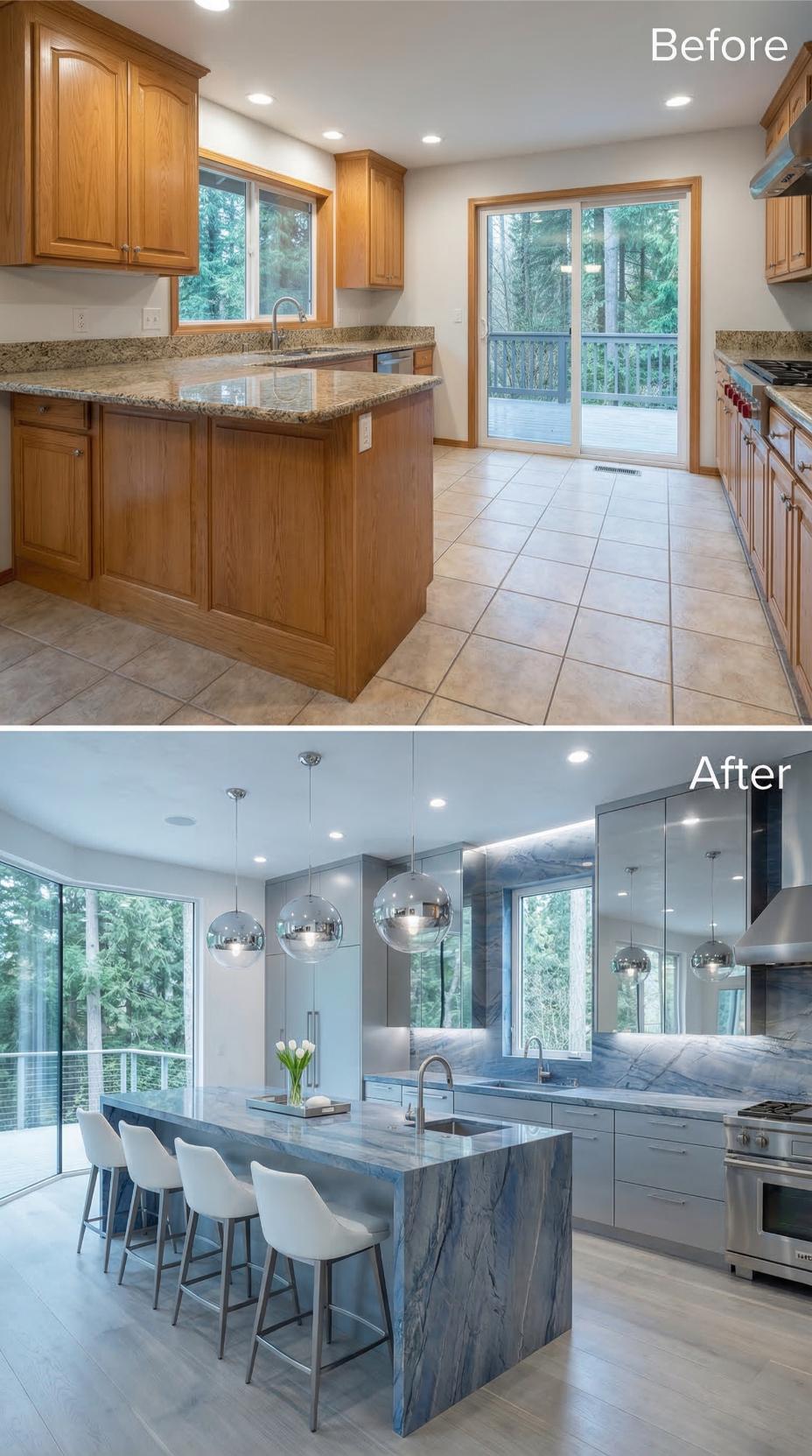 Glossy Gray Slabs and Marble Waterfall Island Succeed Oak Tradition