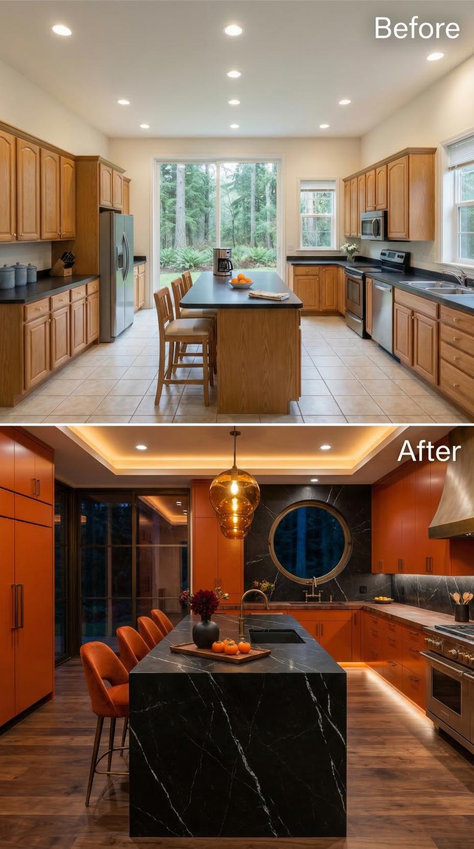 Orange Slab Cabinetry and Black Marble Waterfall Retire Honey Oak