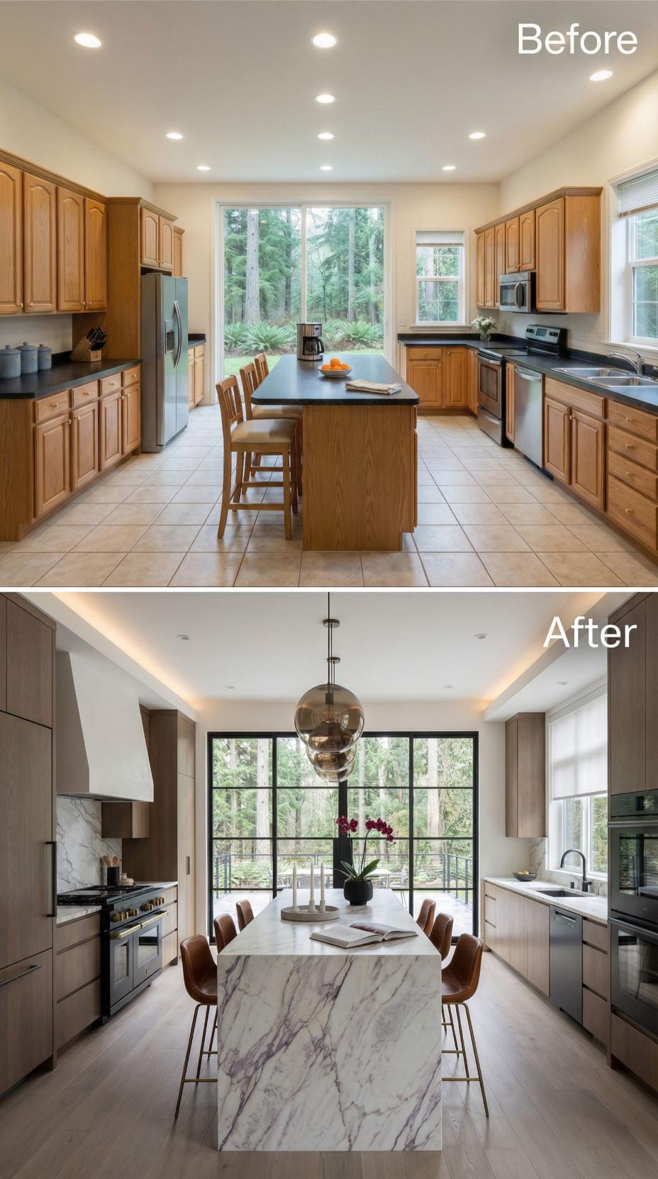 Taupe Flat-Panel Doors and Marble Waterfall Replace Cathedral Oak