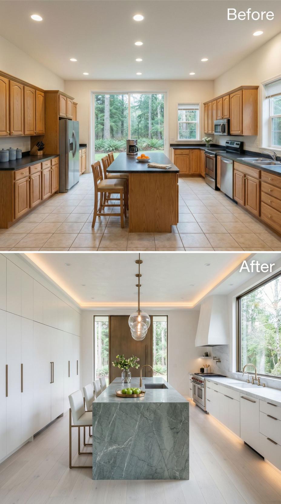 Veined Green Marble Waterfall and Cove-Lit White Minimize Replace Honey Oak