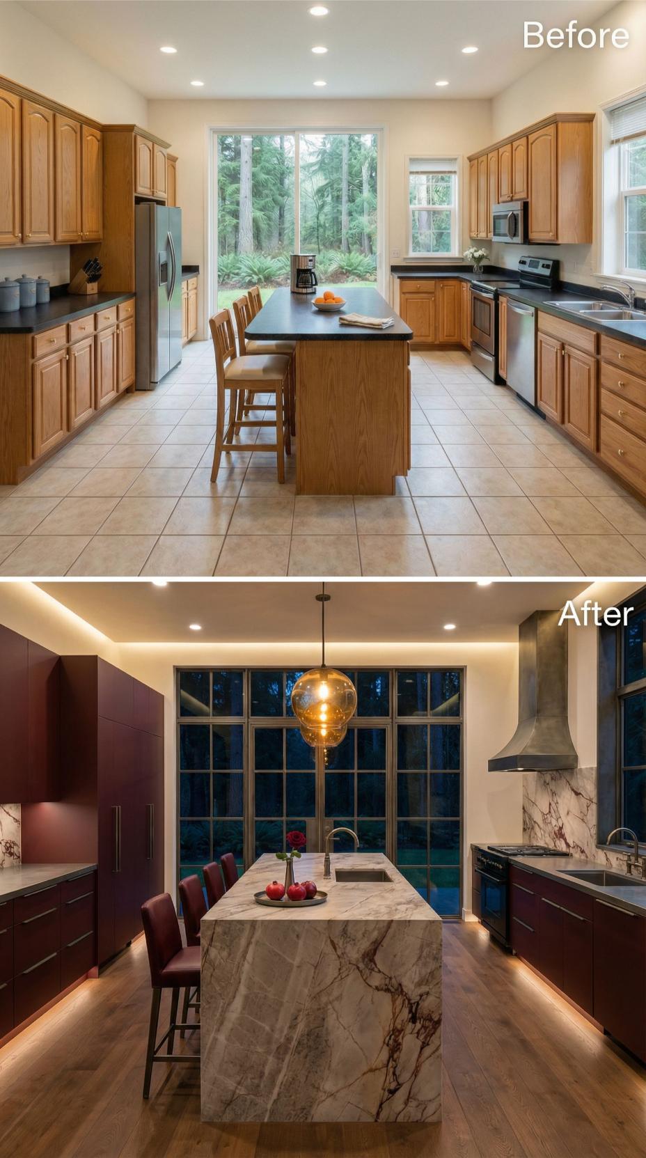 Burgundy Slab Doors and Veined Marble Waterfall Island Follow Oak