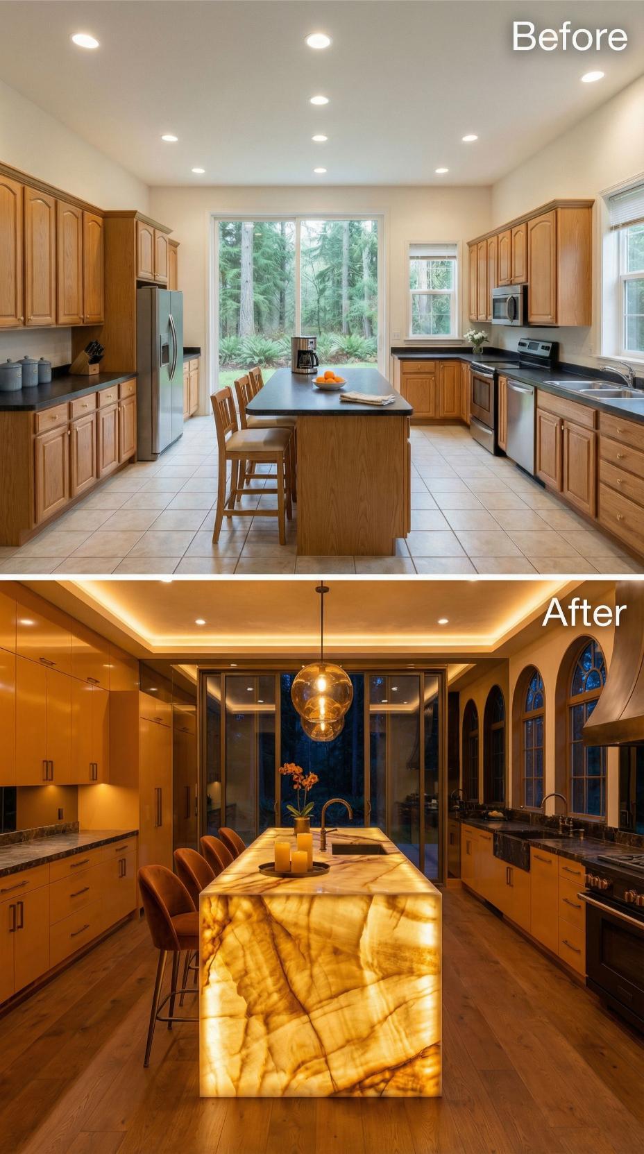 Backlit Onyx Island and Cove Ceiling Replace Cathedral-Door Oak