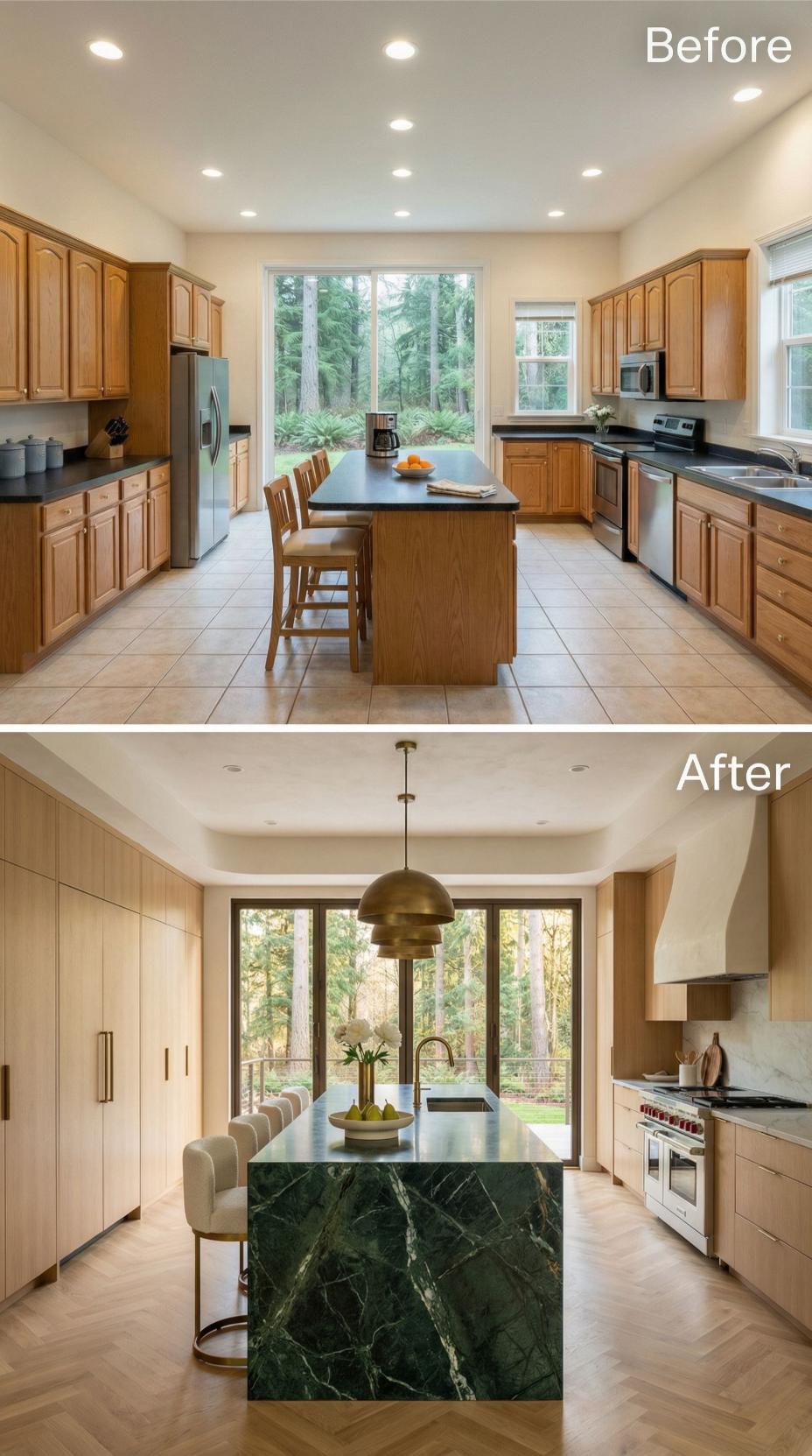 Blonde Vertical-Grain Slabs and Dark Green Marble Waterfall Replace Cathedral Oak