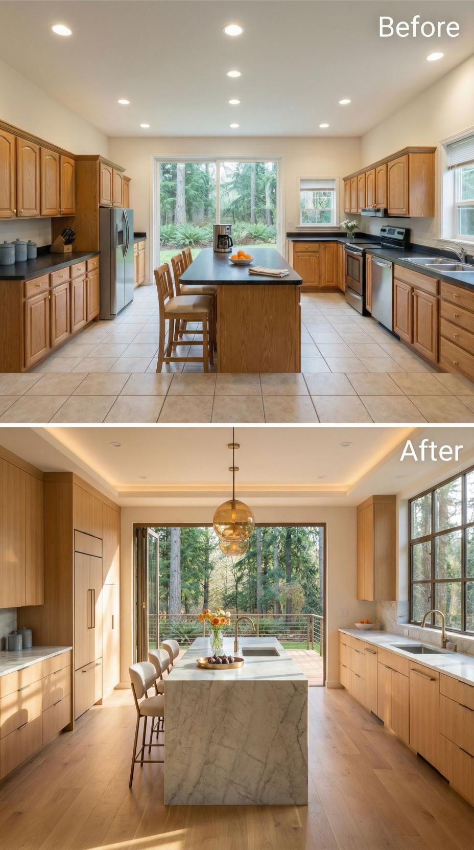 Blonde Slab Fronts and Veined White Marble Waterfall Exit Oak Arches