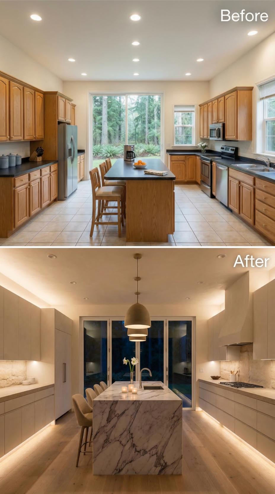 Warm Oak Tradition Surrenders to Minimalist Marble and Cove-Lit Slab Doors