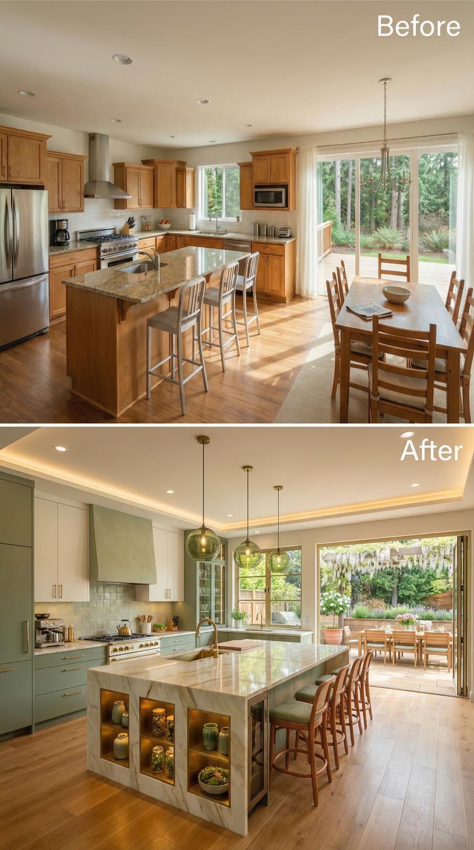 Sage Green Cabinets and a Marble Island Rewrite What Oak-Era Kitchens Can Become