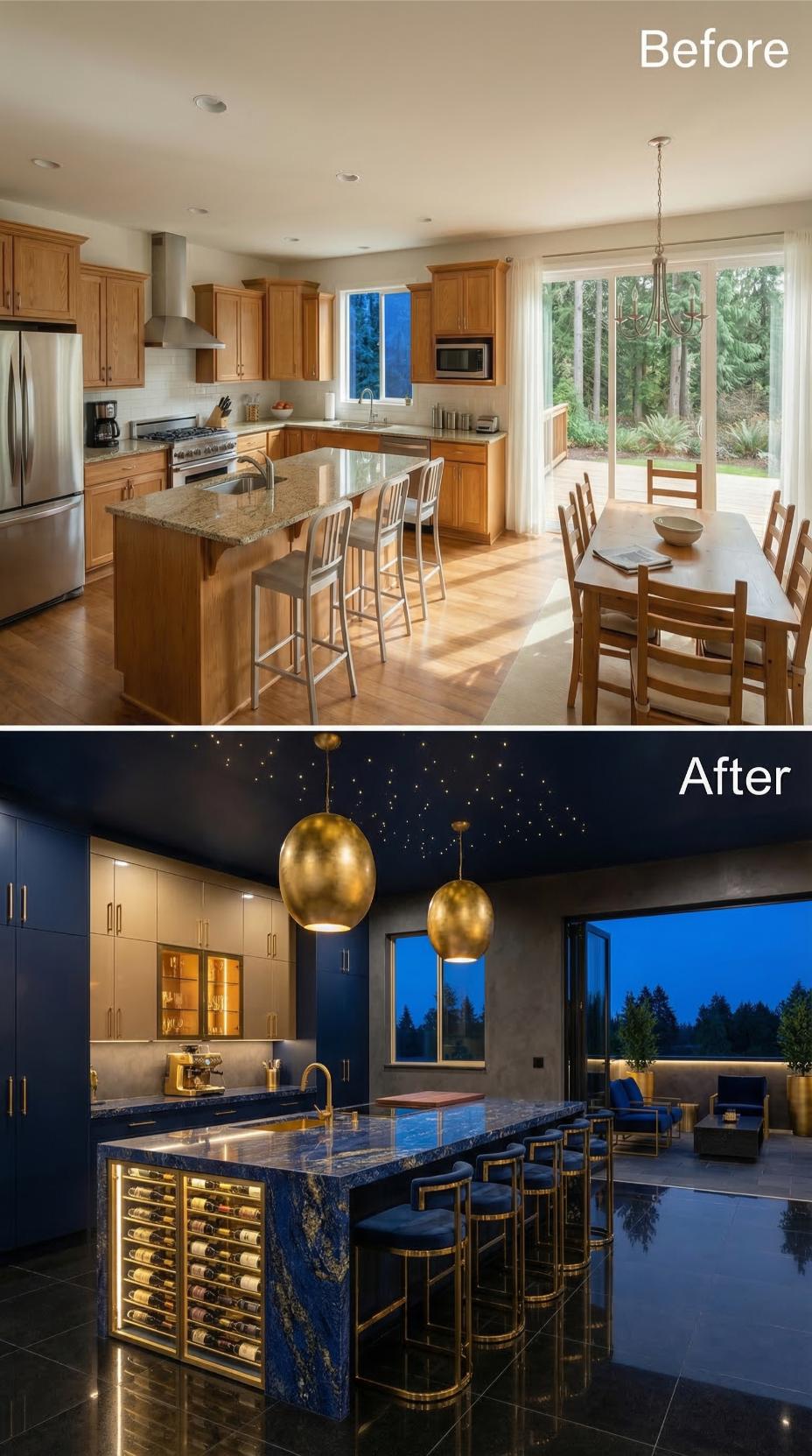 Sodalite Blue Marble and Gold Pendant Orbs Replace Oak With Nightclub-Level Drama