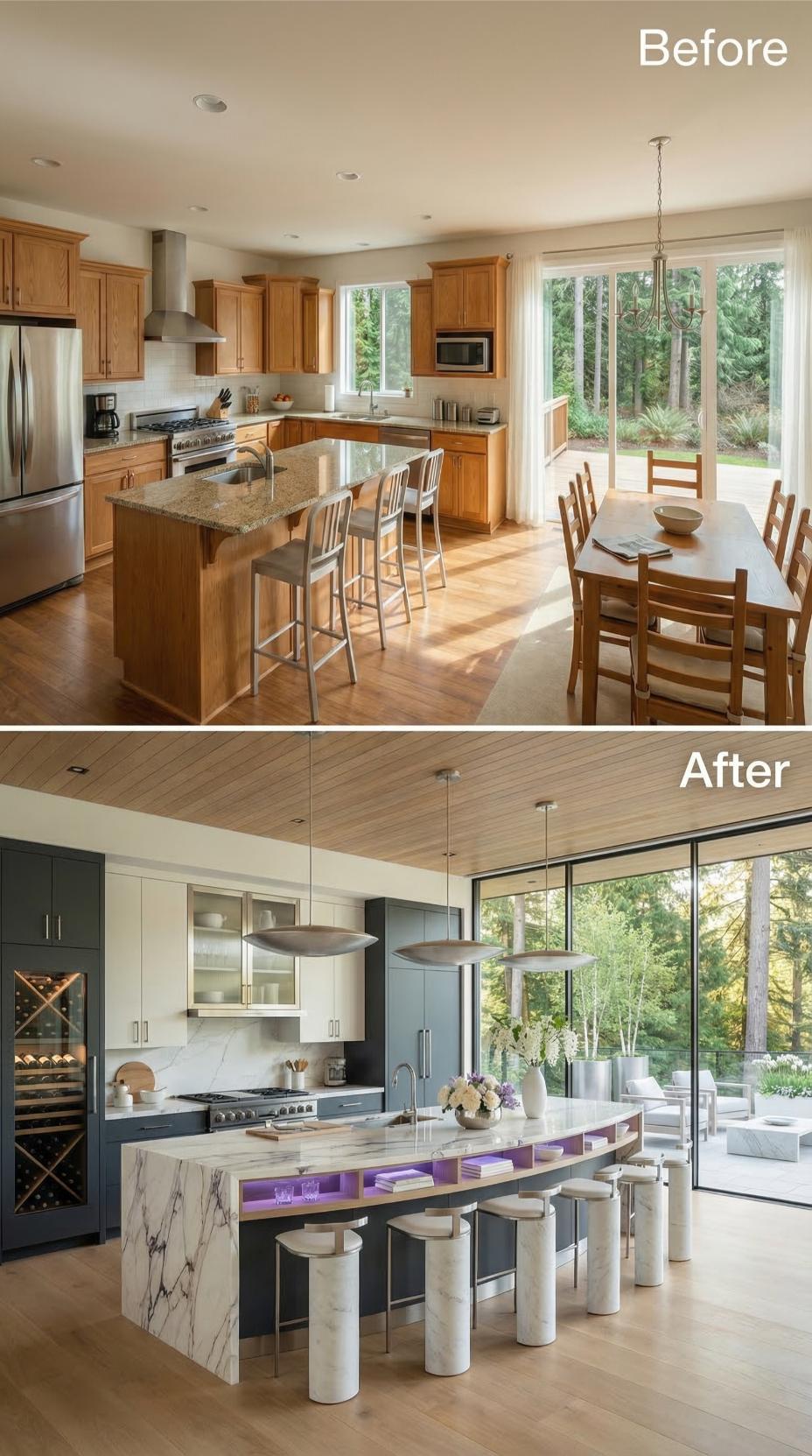 Curved Marble Island and Slate Blue Cabinetry Make Oak Look Like a Different Century