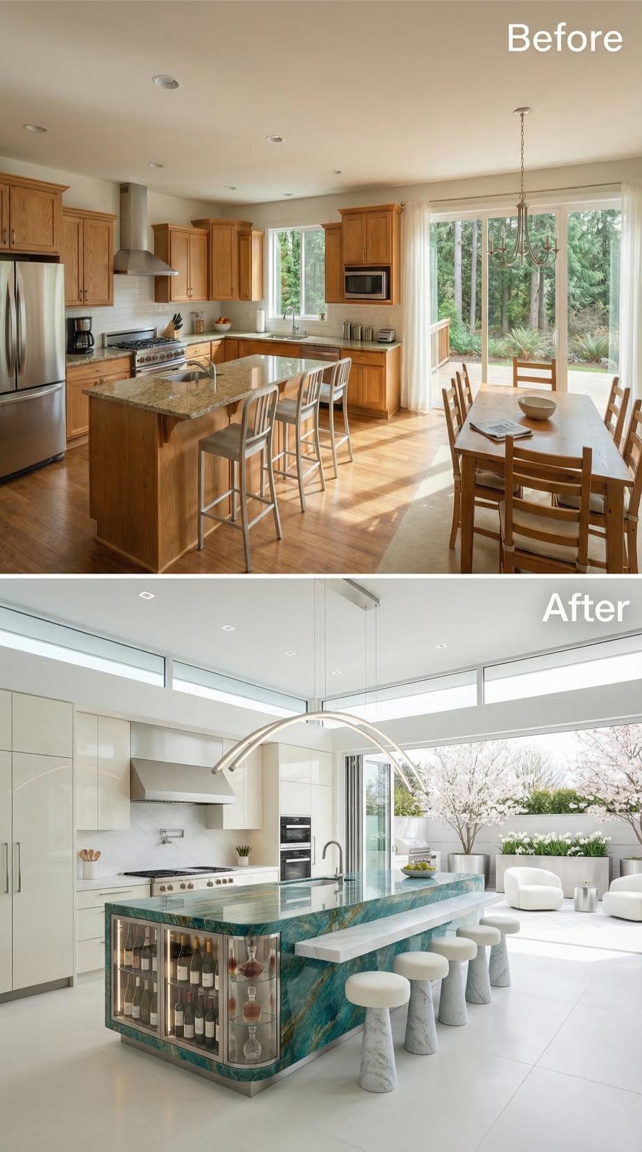 Teal Quartzite Island and Gloss White Cabinetry Bury Oak Under Pure Luxury