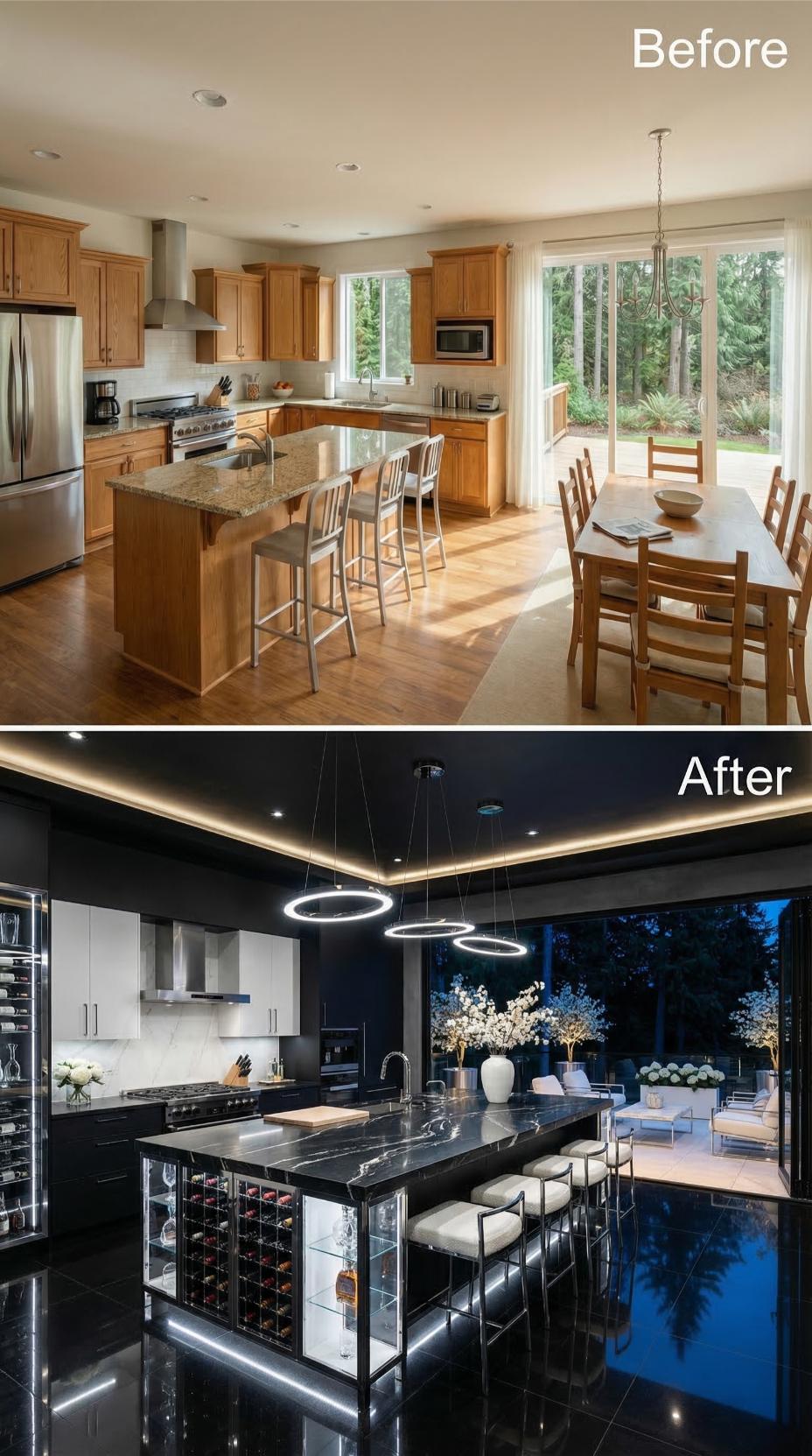 Black Marble, Ring Pendants, and a Built-In Wine Wall Redefine What Remodeling Can Cost