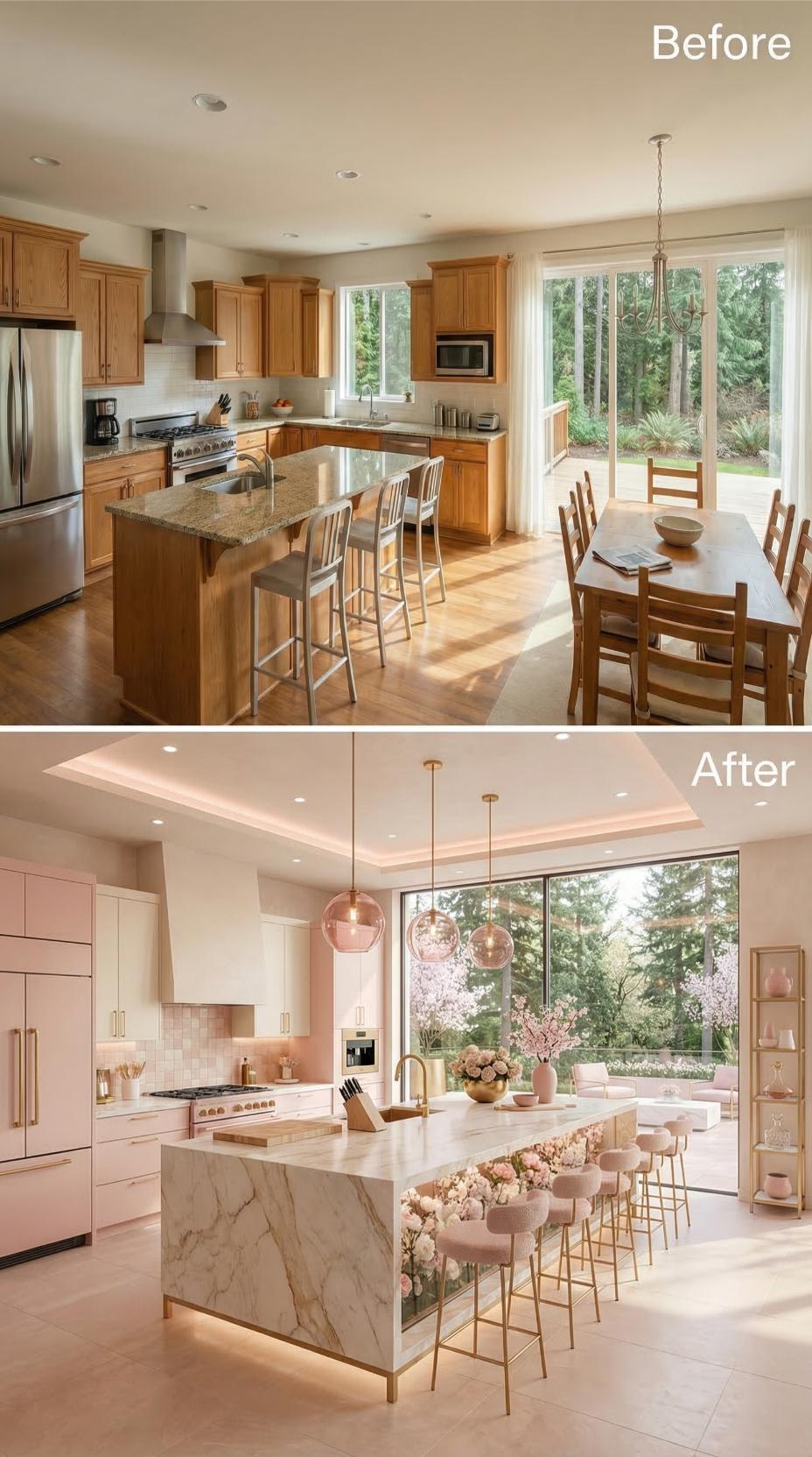 Blush Cabinets, Marble Waterfall Island, and Rose Gold Hardware Retire Oak Without Apology