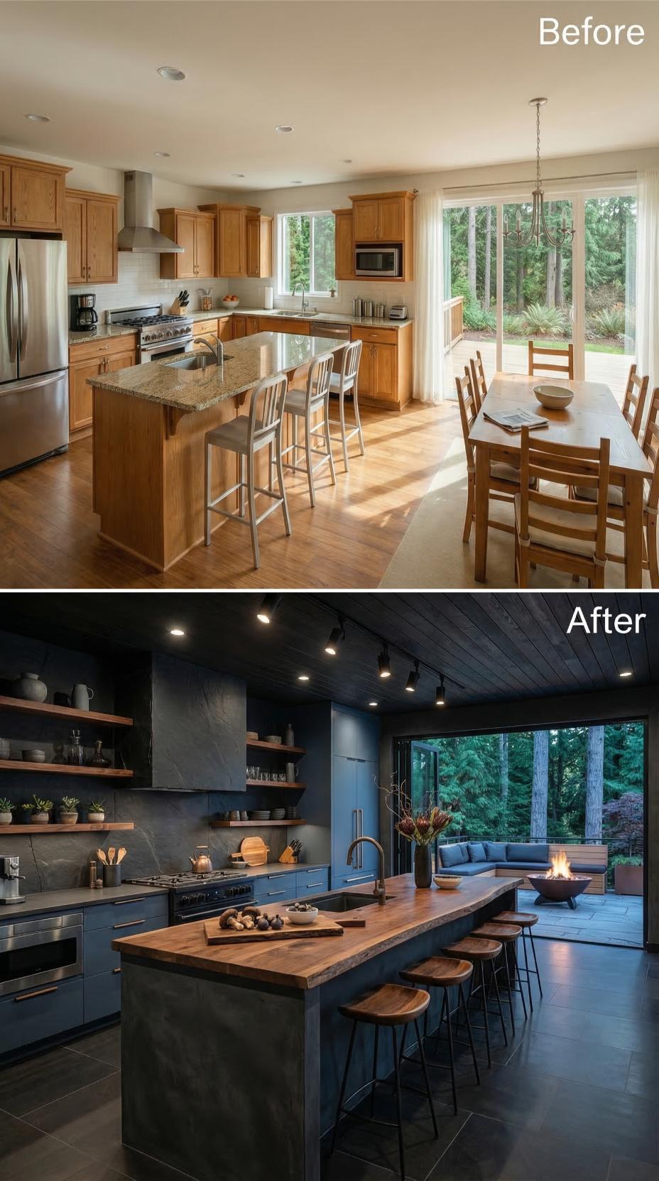 Dark Slate Cabinets and Butcher Block Pull a Kitchen Out of the 2000s
