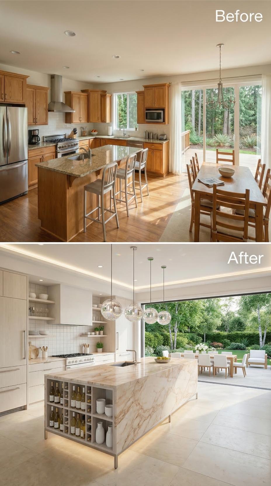 Marble Waterfall Island and Globe Pendants Swap Warm Oak for Collector-Grade Calm