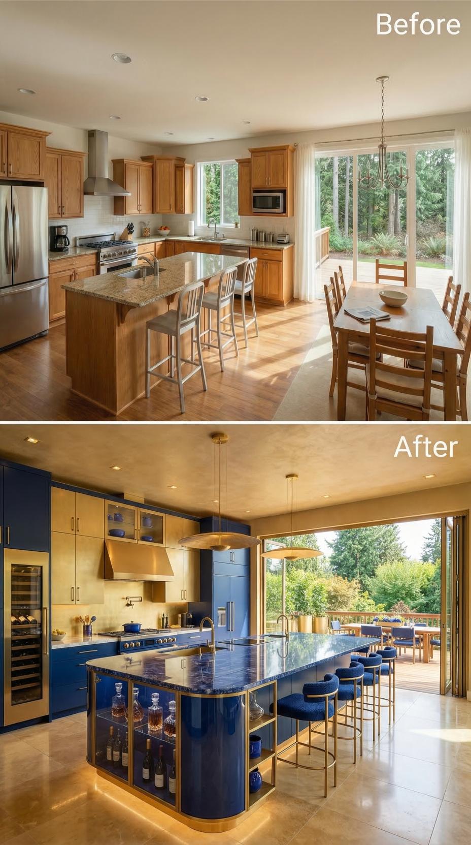 Cobalt Blue Lacquer and Brushed Brass Hardware Bury Honey Oak Under Pure Ambition