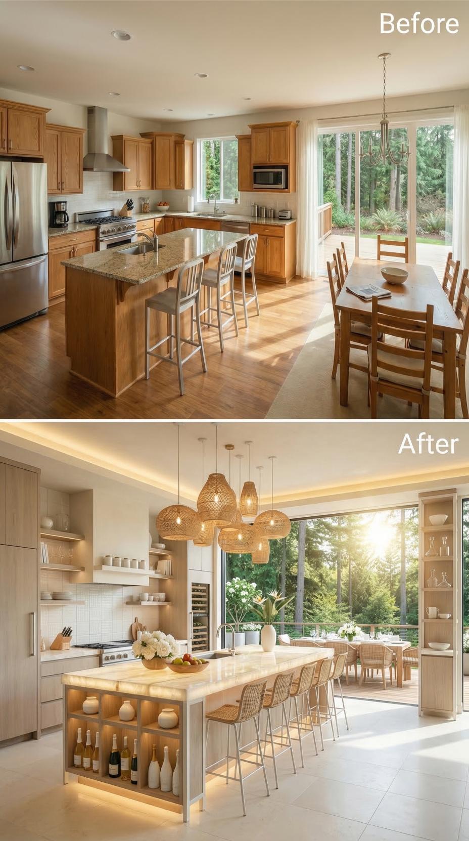 Woven Rattan Pendants and Backlit Onyx Pull Honey Oak Into a New Decade