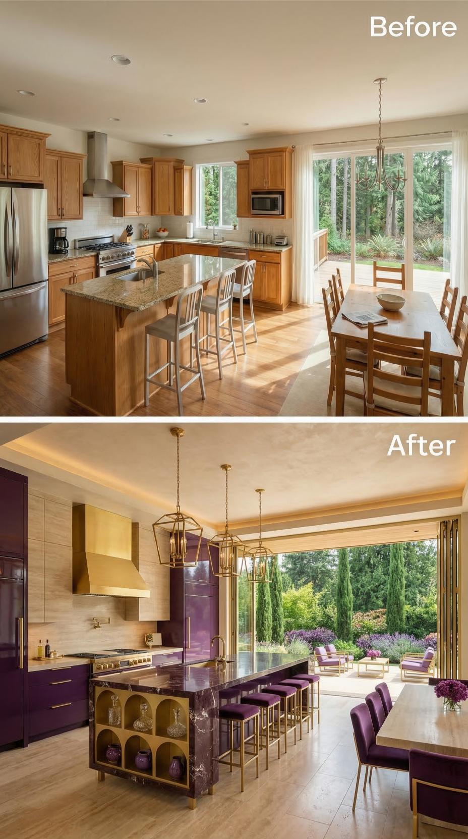 Purple Lacquer Cabinets and Gold Range Hood Retire Honey Oak With Serious Force