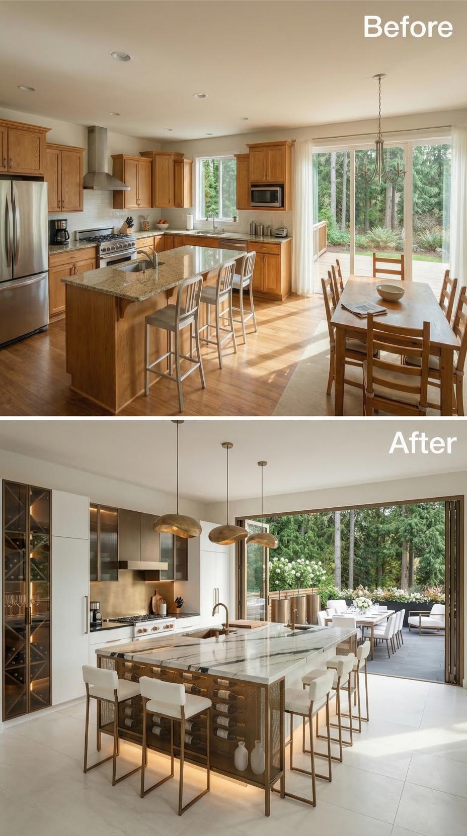 Brass Pendants, Marble Island Cladding, and a Glass Wall Rewrite Honey Oak's Entire Story