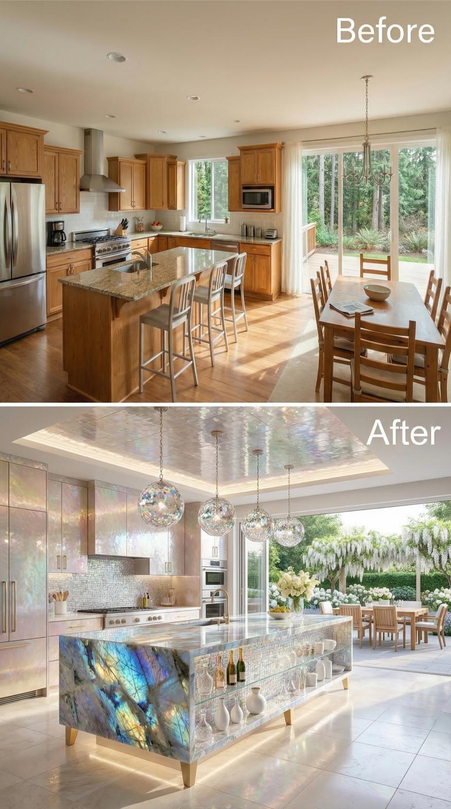 Labradorite Island Cladding and Iridescent Mosaic Tile Dissolve Every Trace of Warm Oak