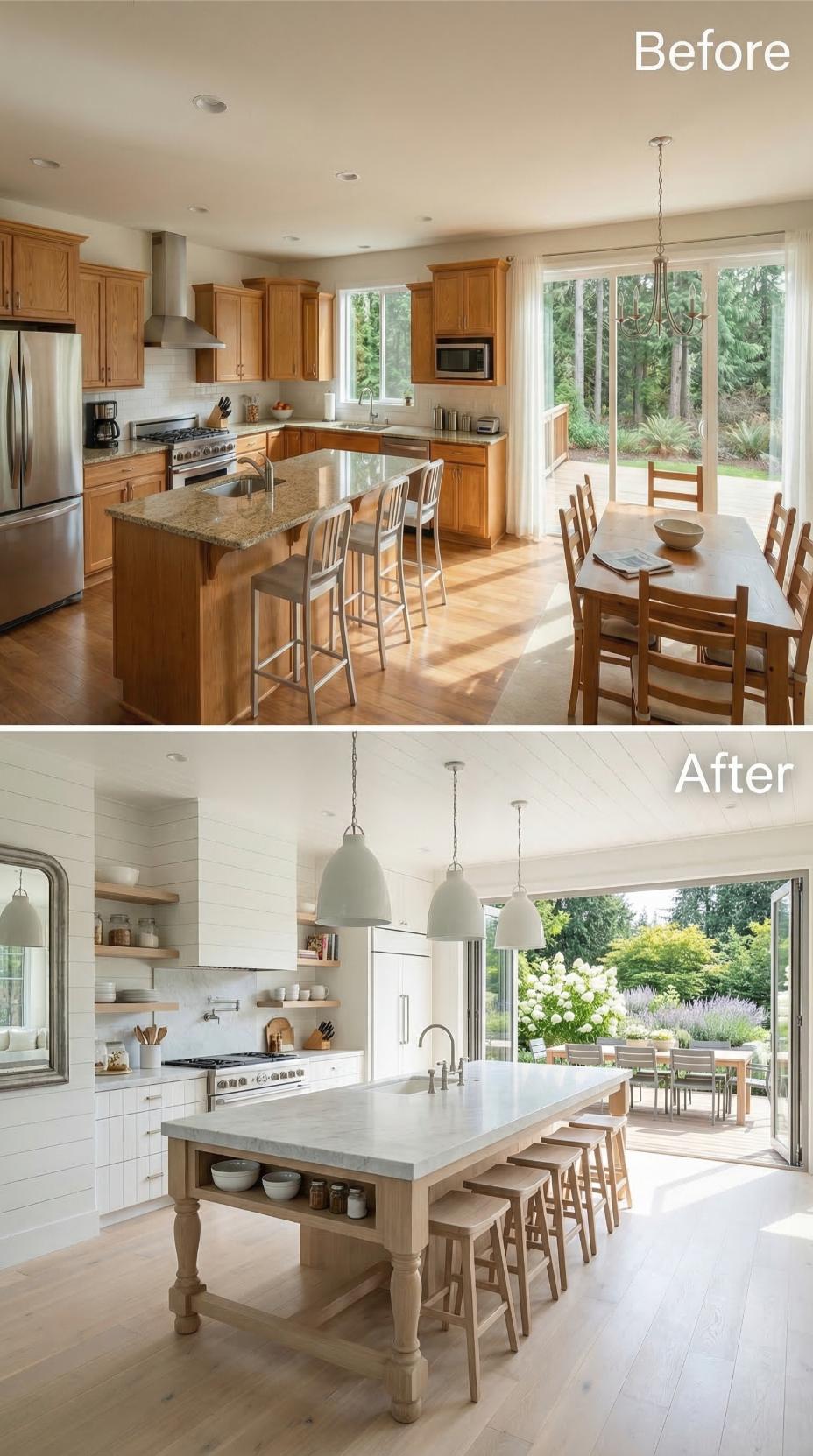 Shiplap Walls, Bleached Oak Island Legs, and Sage Pendants Retire Honey Cabinets for Good