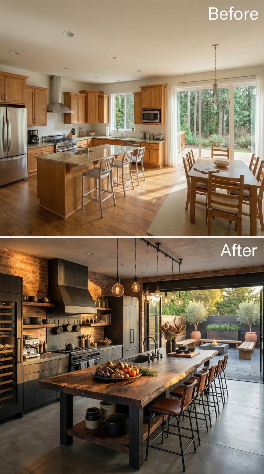 Exposed Brick, a Live-Edge Island, and Edison Pendants Bury Blonde Oak Under Industrial Ambition