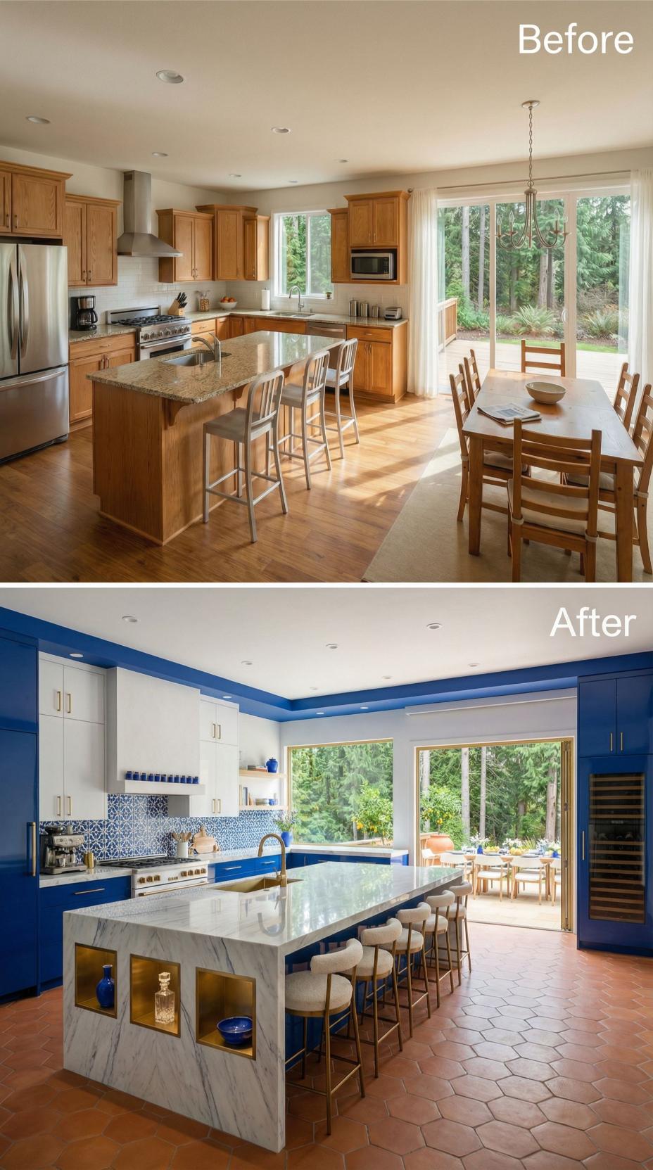 Cobalt Lacquer Cabinets, Terracotta Hex Tile, and Marble Cladding Replace Dated Oak With Pure Confidence