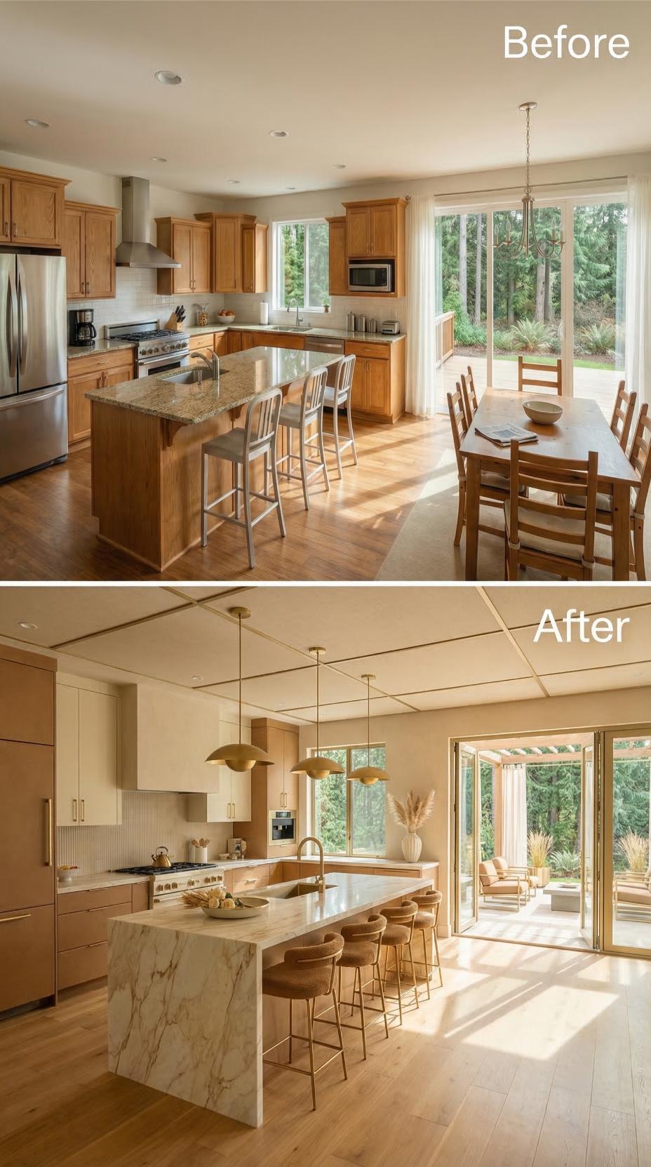 Gold Hardware and Waterfall Marble Pull This Kitchen Into Luxury Territory