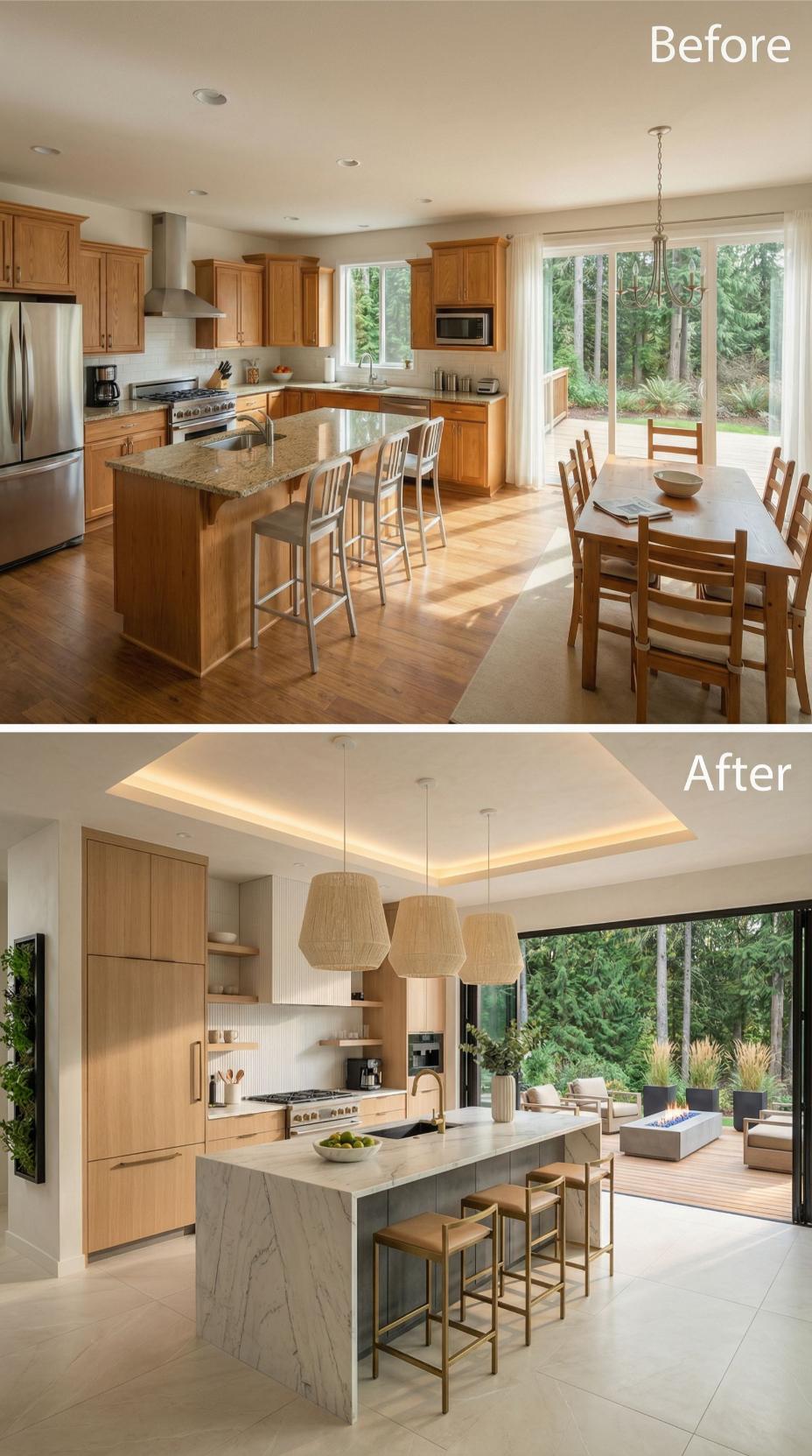 Rift-Cut Oak Cabinets, a Tray Ceiling With Cove Lighting, and Marble Island Cladding Replace Honey Oak