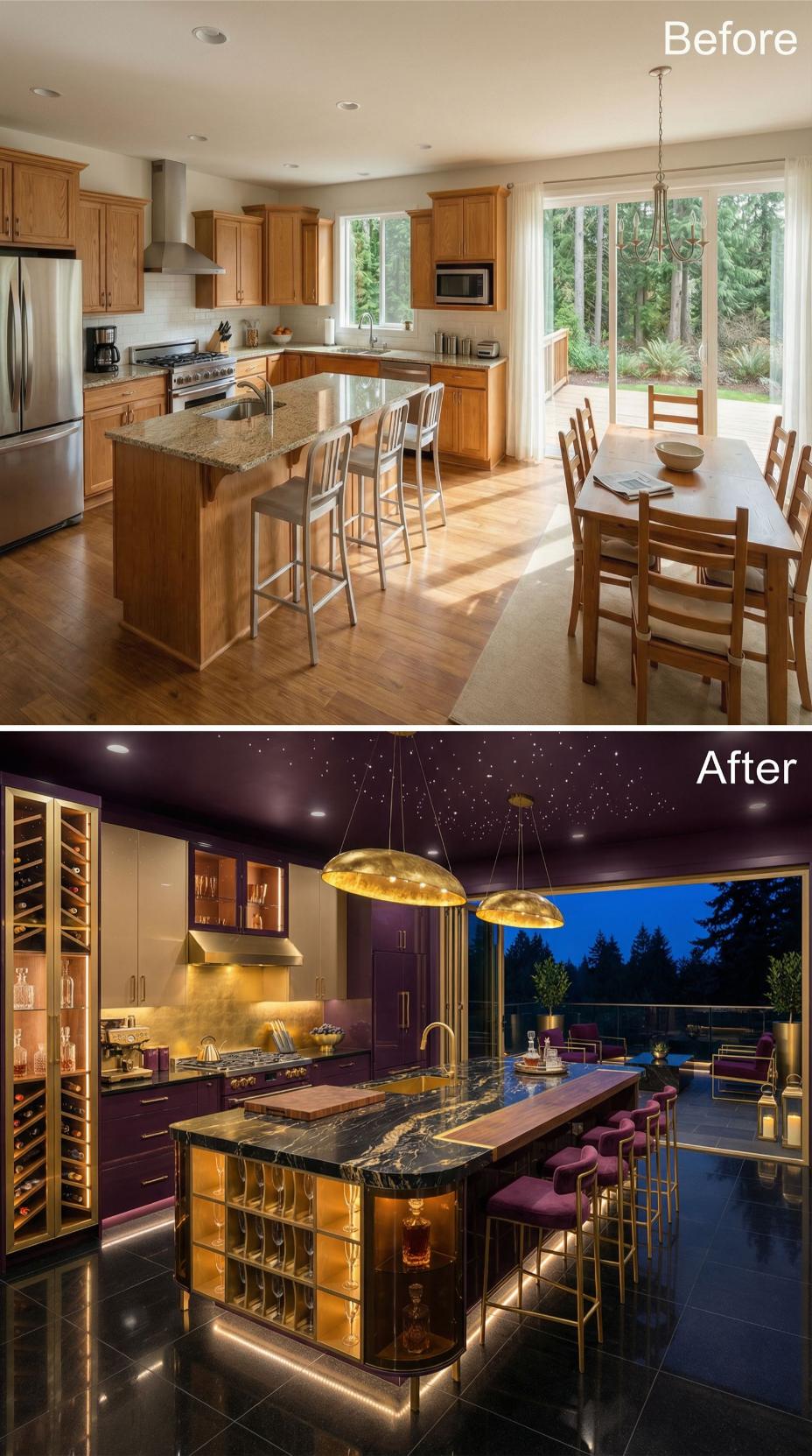 Starfield Ceiling, Black-and-Gold Marble Island, Purple Lacquer Cabinets Erase Oak Entirely