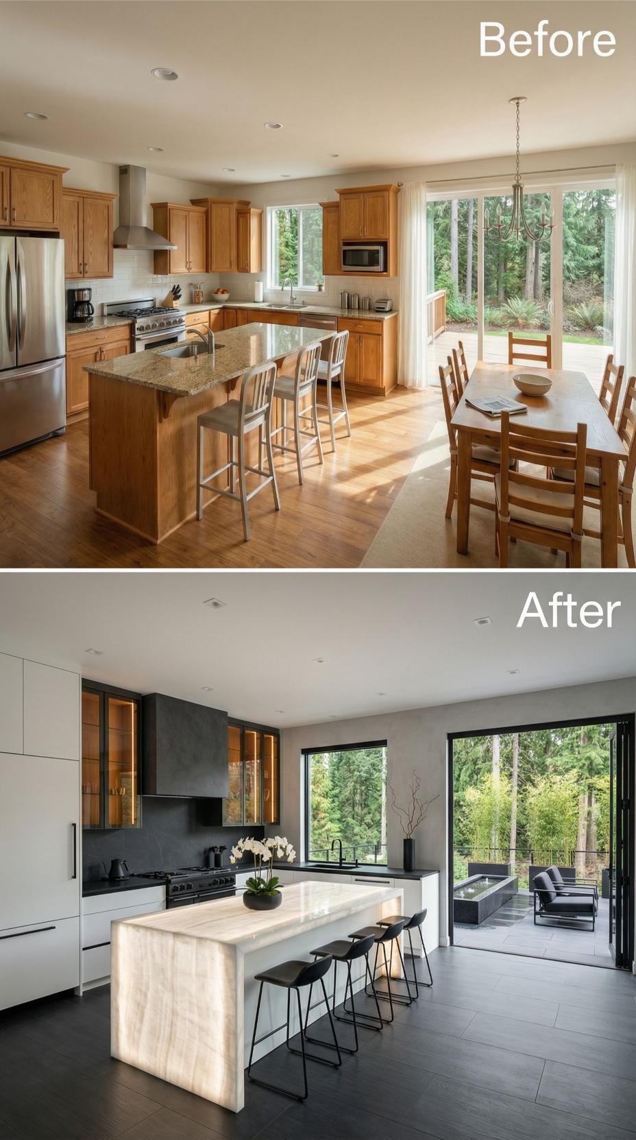 Matte White Lacquer, Travertine Island Cladding, and Black Hardware Displace Honey Oak Entirely