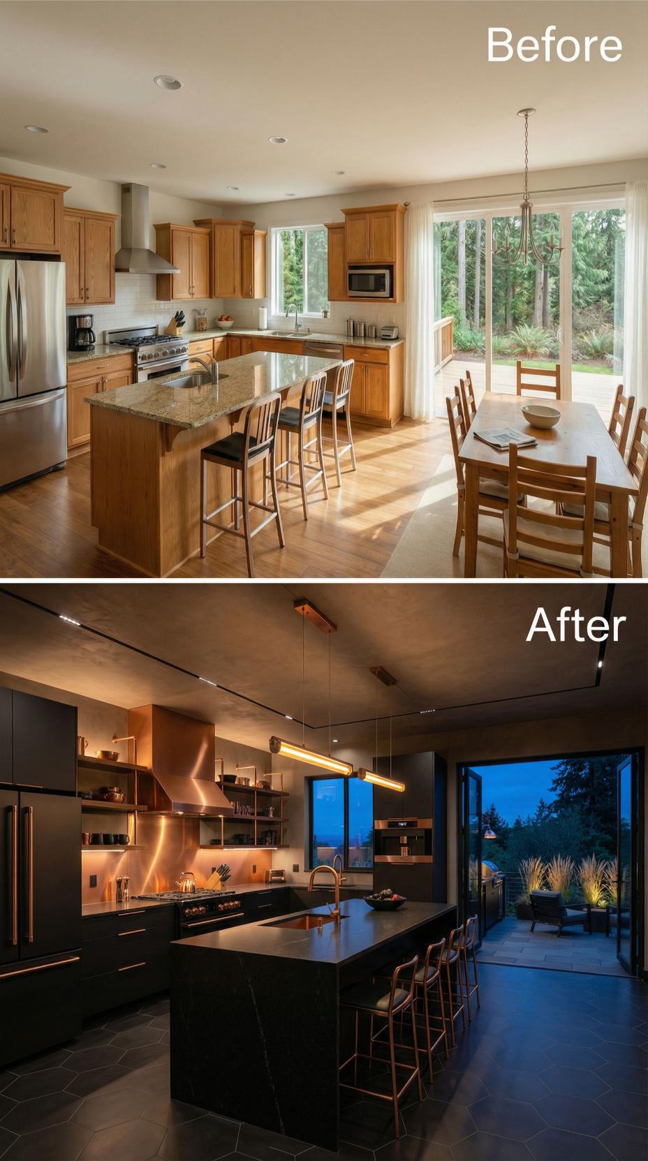 Matte Black Cabinets, Copper Shelving, and Slab Pendants Bury Warm Oak Without Hesitation