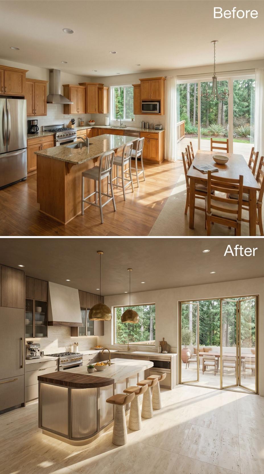 Warm Oak Cabinets and a Chandelier Yield to Fluted Island Cladding and Brass Dome Pendants