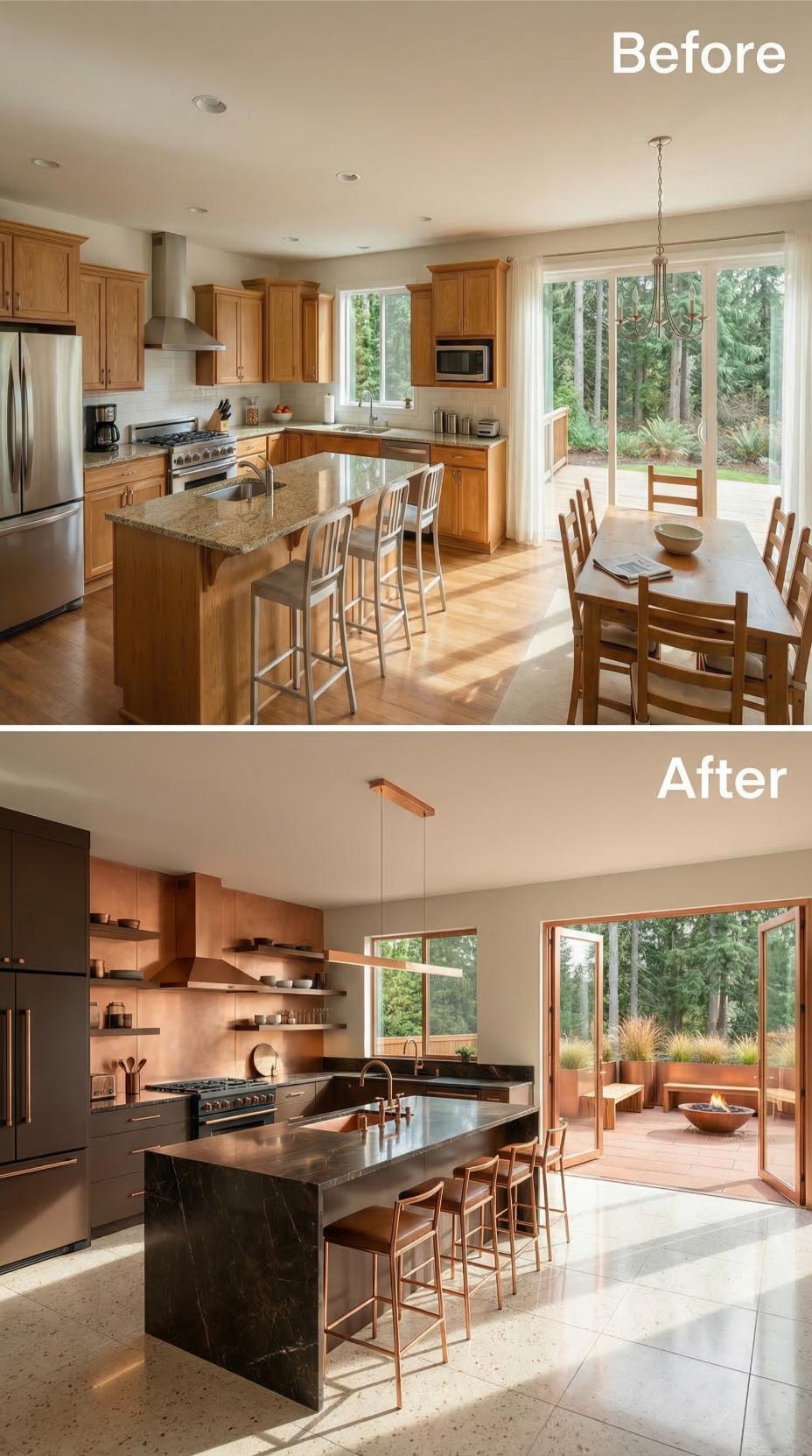 Copper-Toned Cabinetry and Black Marble Swap Out Honey Oak for Good