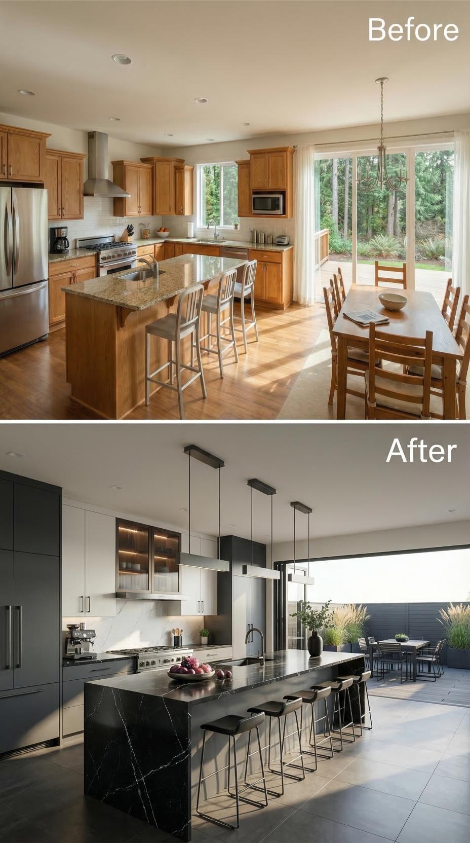 Nero Marquina Island and Flat Cabinet Fronts Erase Oak From Every Angle