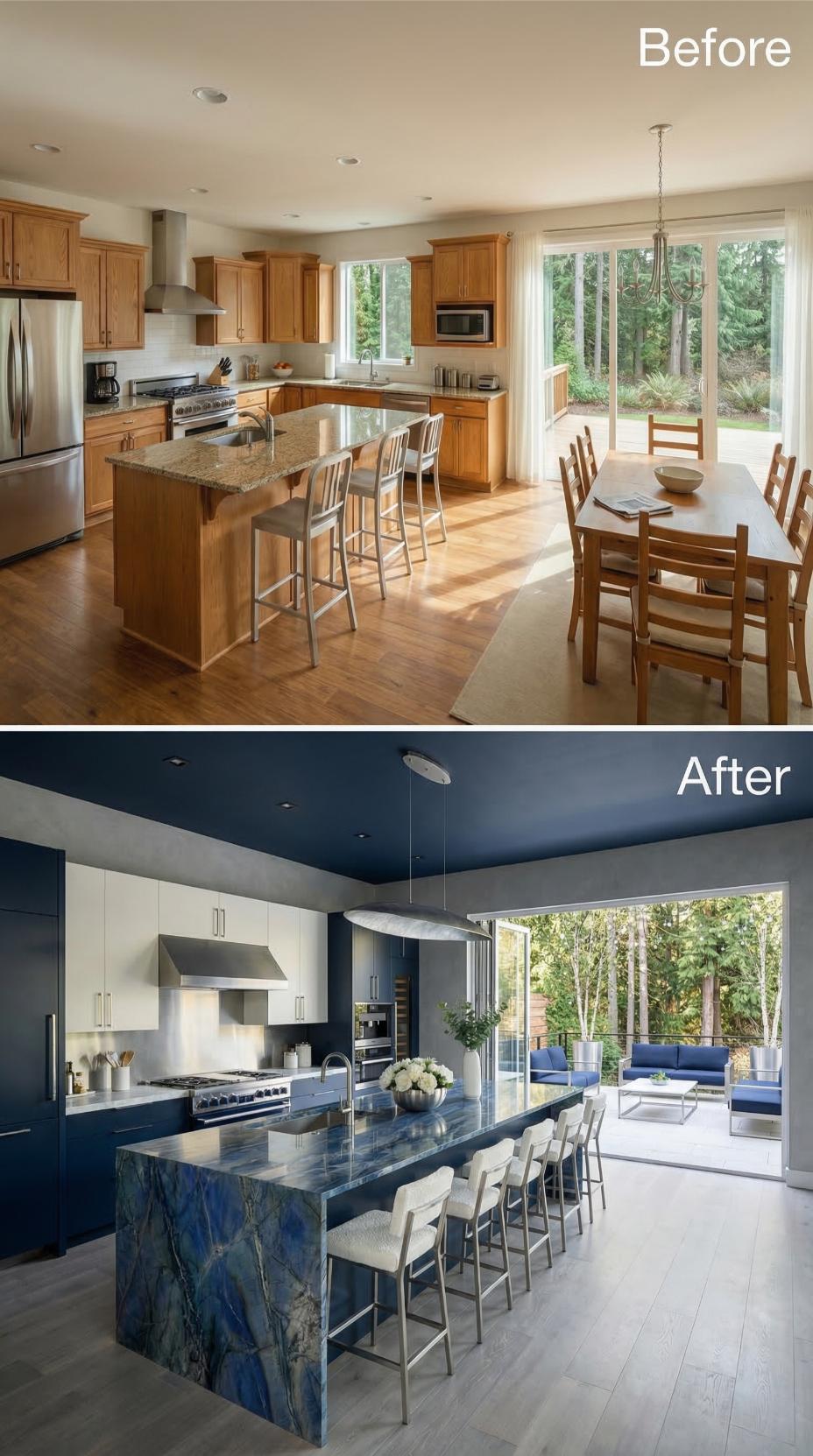 Navy Blue Sodalite Island and Ceiling Color Turn a Dated Kitchen Into Something Serious