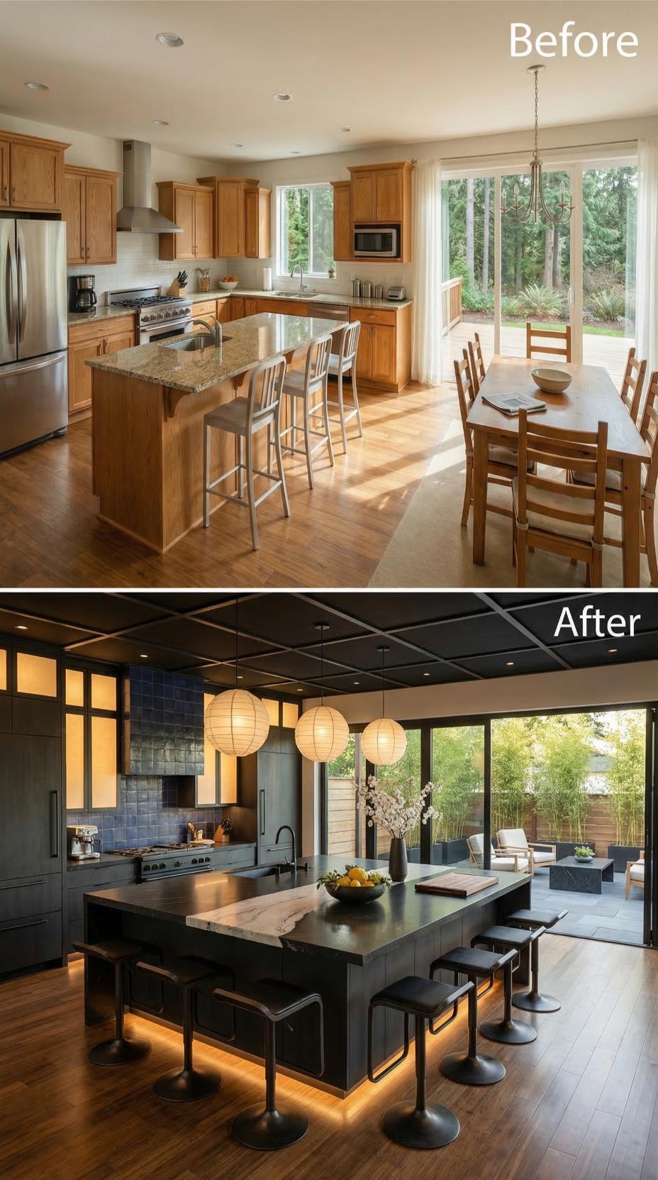 Japanese Lanterns and a Black Grid Ceiling Pull Oak-Era Bones Into Bold Territory