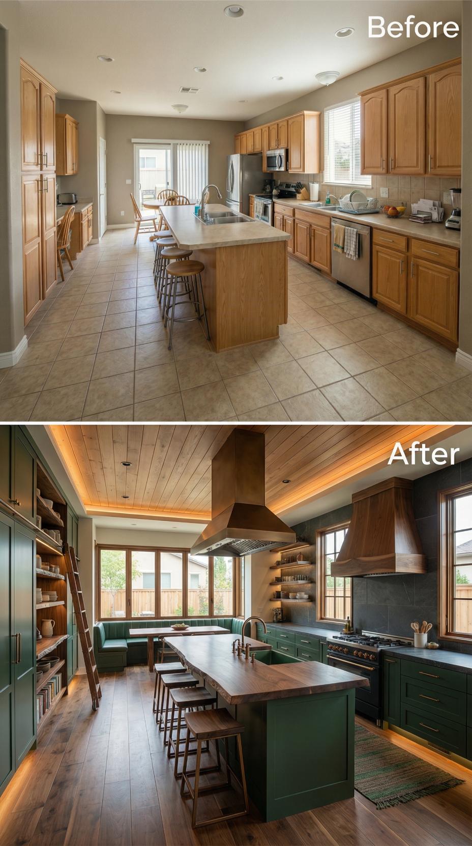 Honey Oak Cabinets Give Way to Moody Green Shaker Fronts and Walnut Wood