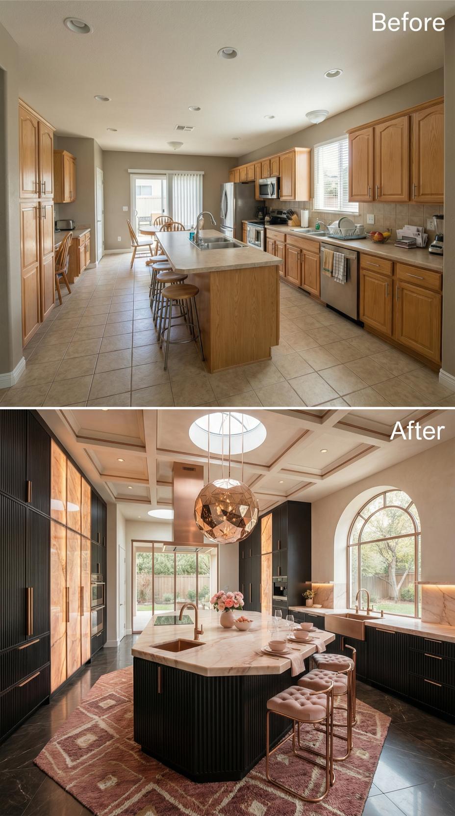 Rose Gold and Black Fluted Panels Reframe Island Living Under Skylit Coffers