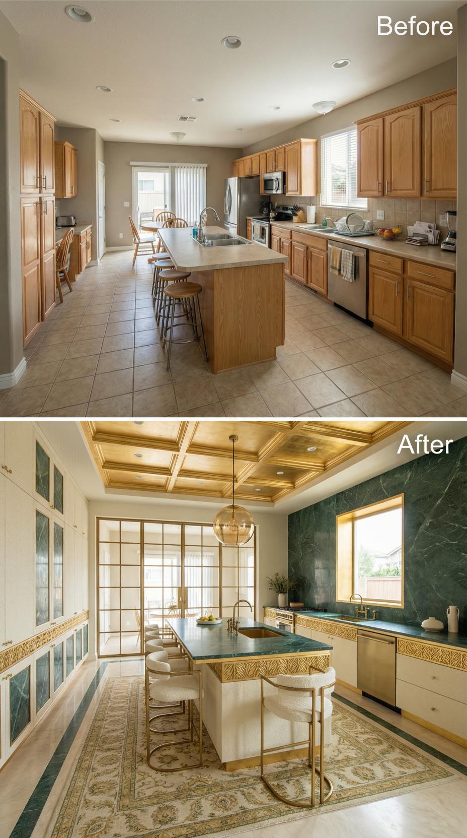 Coffered Gold Leaf Ceiling Frames Green Marble and Ornate Brass Island